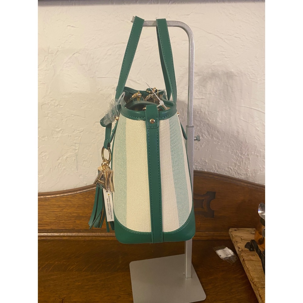 Anne Klein Wynn Green Striped Tote Bag with Pouch and Crossbody Strap NEW - Picture 13 of 13